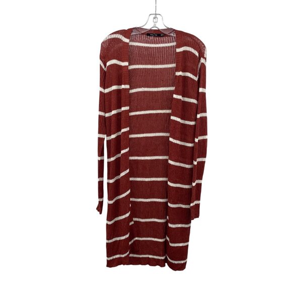 Doe & Rae Striped Open Front Duster Cardigan Cinnamon/White Size Medium - Picture 1 of 9